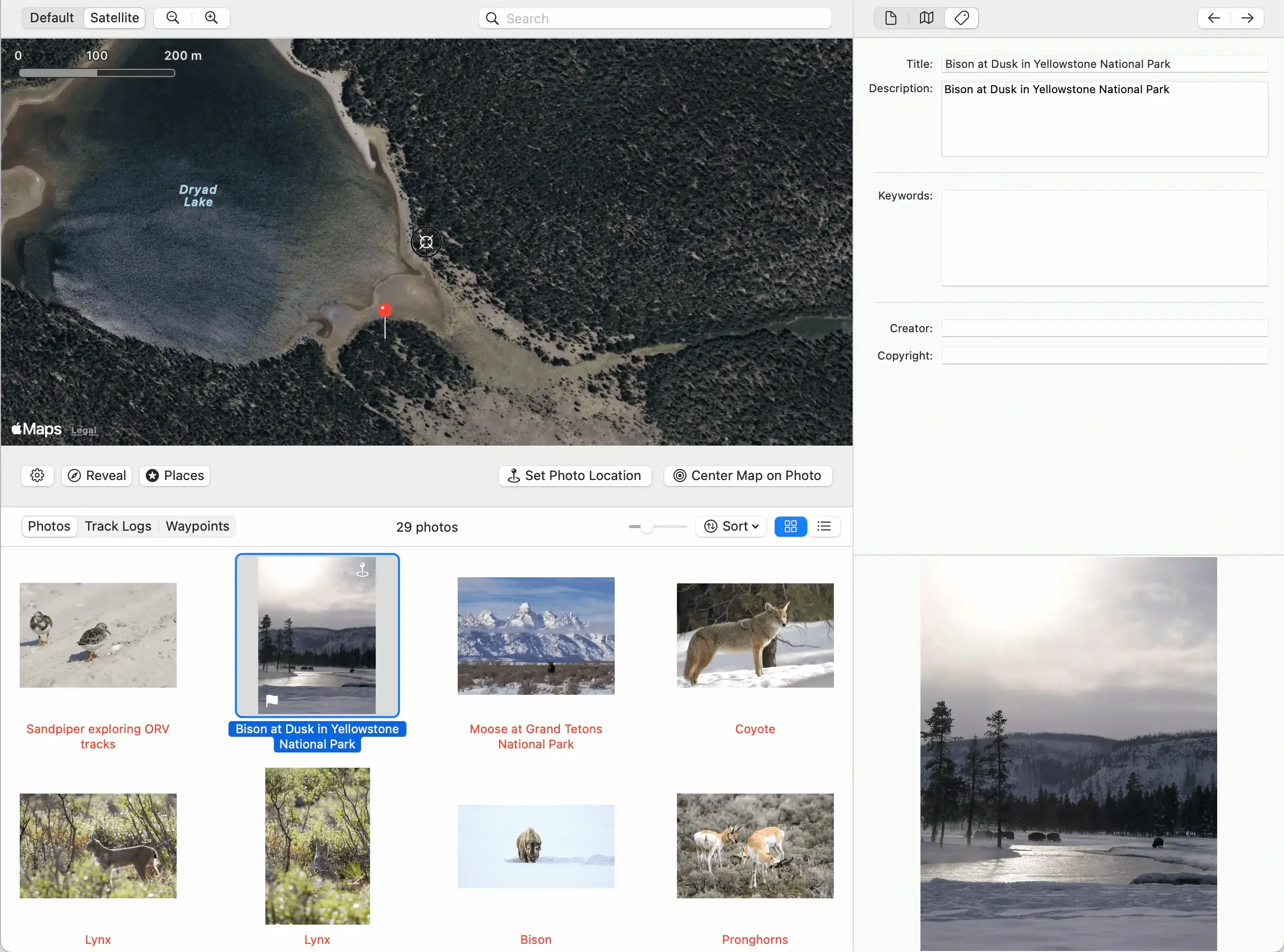 HoudahGeo map view showing geotagged photo locations